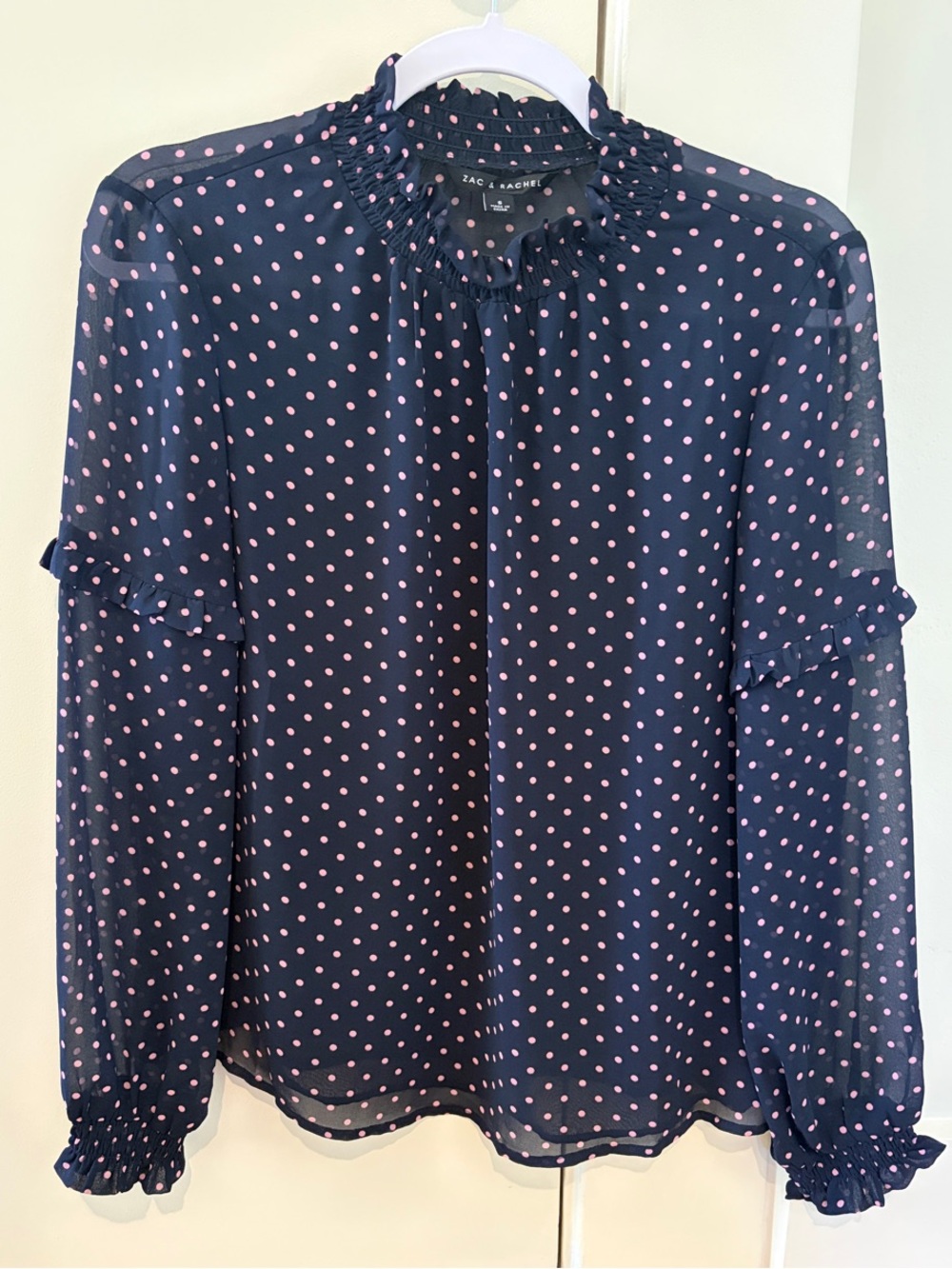Zac & Rachel Navy Blouse with Pink Polka Dot Ruffles